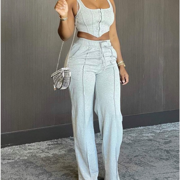 TOP DRAWSTRING WIDE LEG PANTS SET - Picture 1 of 3